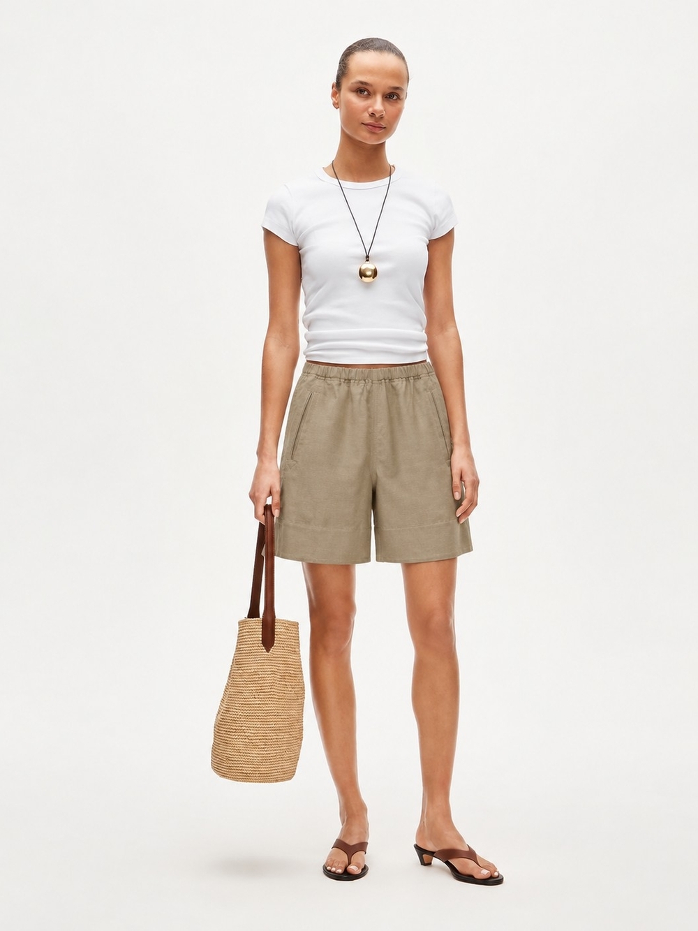 Women's Elastic-Waist Khaki Shorts
